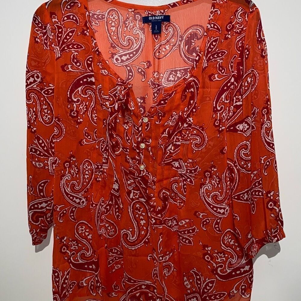 Old Navy Women's‎ Red Orange Paisley Print Quarter Sleeve Sheer Blouse Small